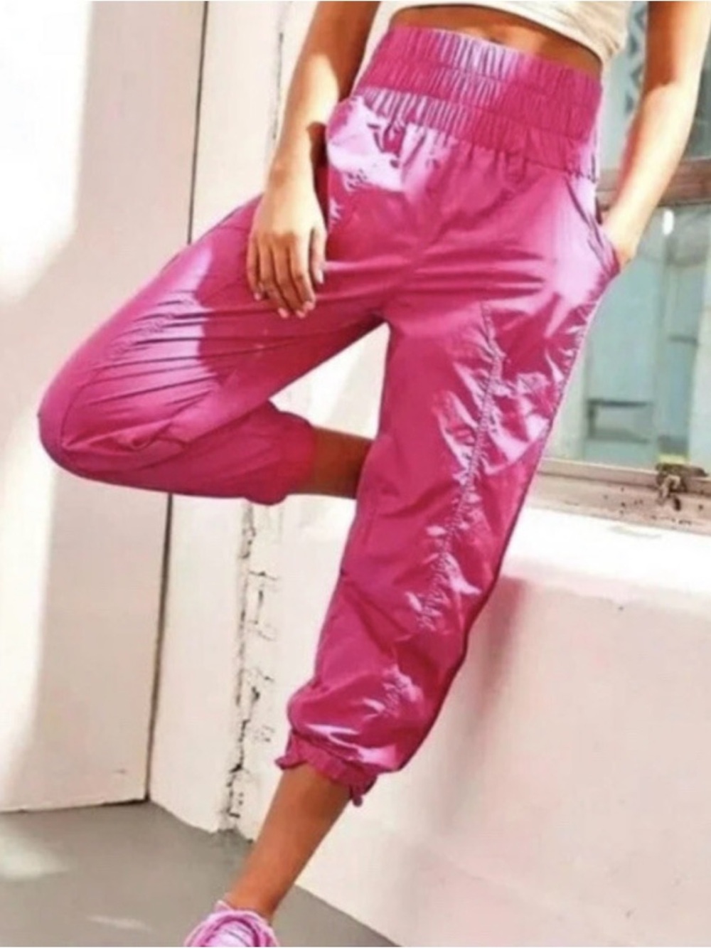Free People Movement “The Way Home” Pink Smocked Waist Track Joggers